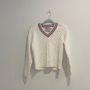 Women's White Cable Knit Sweater with Pink Trim